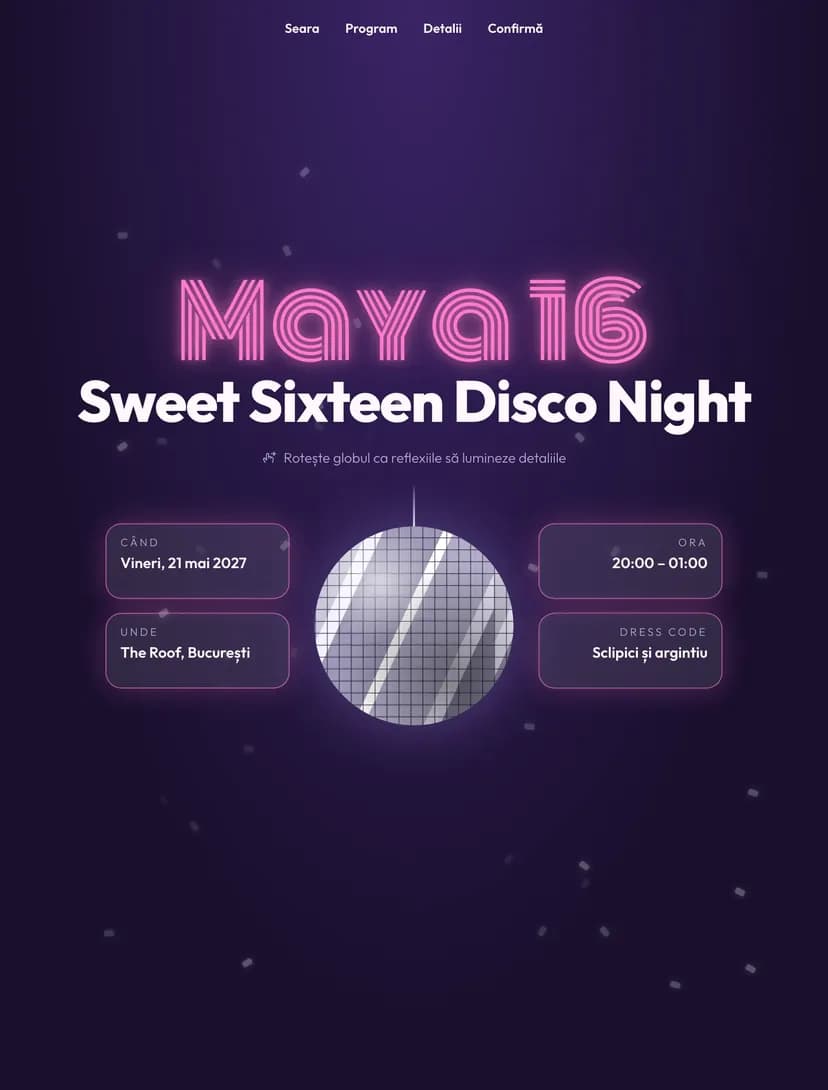 Online invitation, Sweet 16 Disco design (16th birthday · Neon purple and pink)