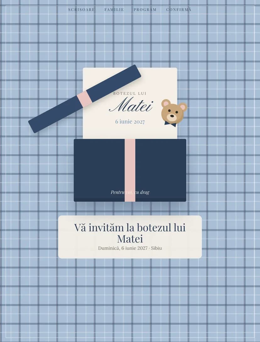 Invitație de botez online, modelul Teddy Old Money (Tartan · Albastru pudrat)