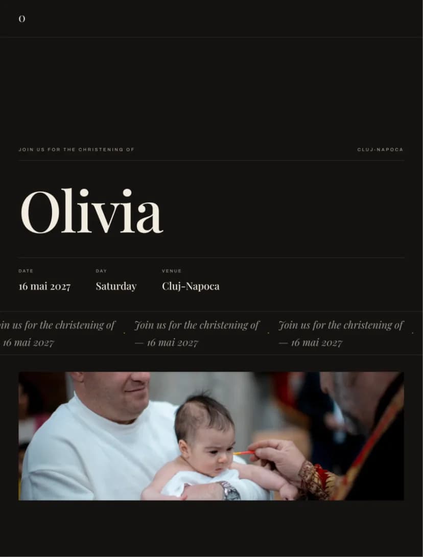 Invitație de botez online, modelul Modern (Onix și auriu)
