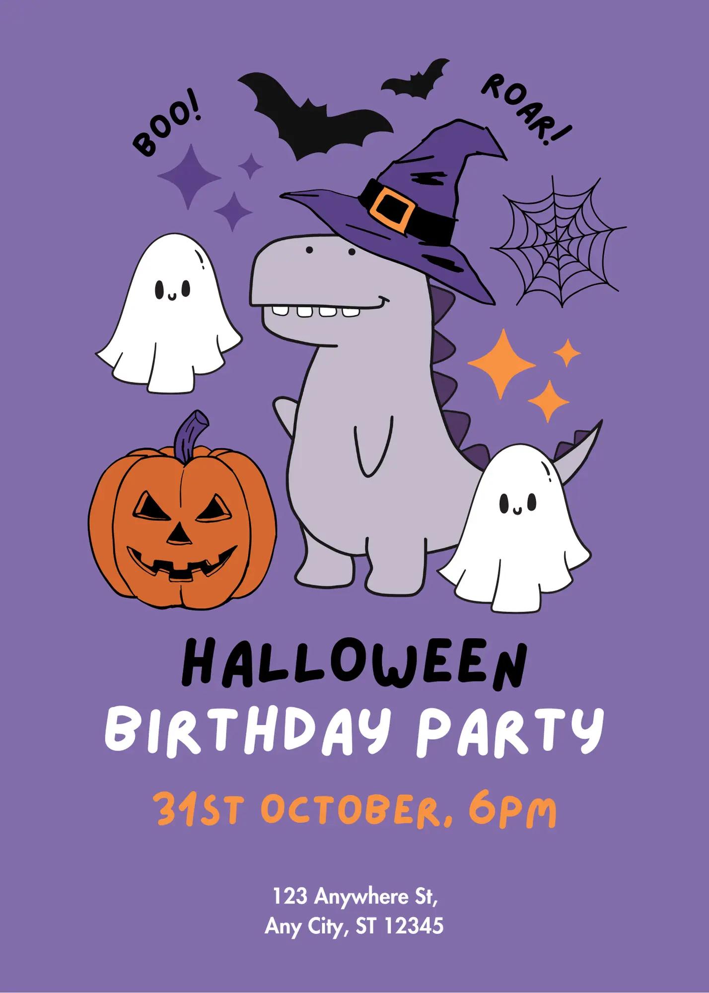 Purple Cute Illustrative Halloween digital invitation template