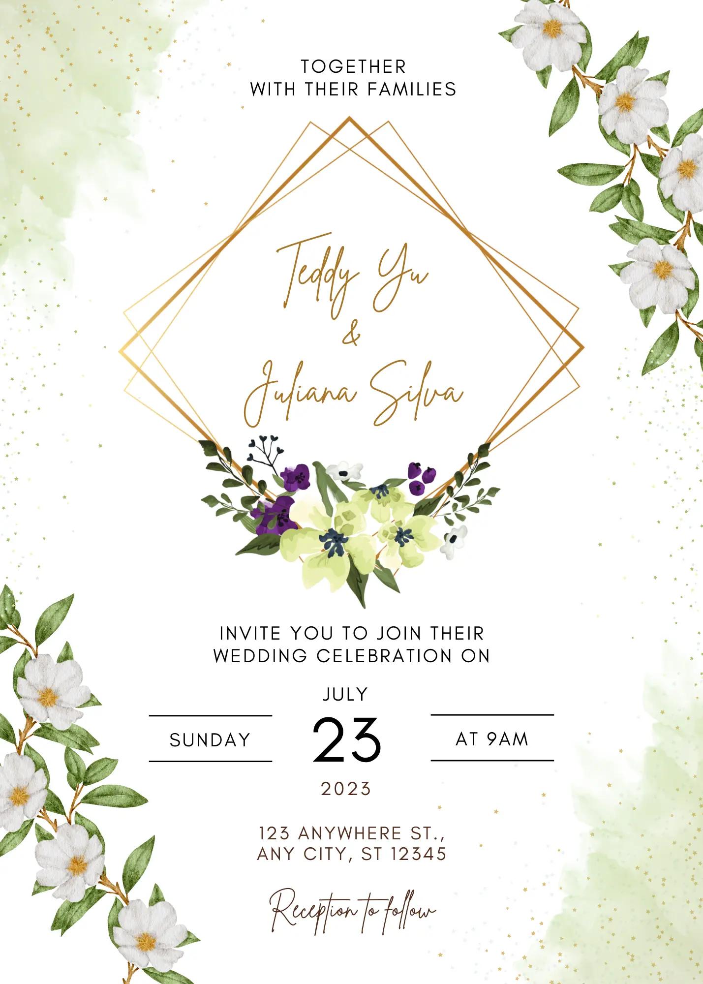 Model de invitație digitală White Green Floral Watercolor