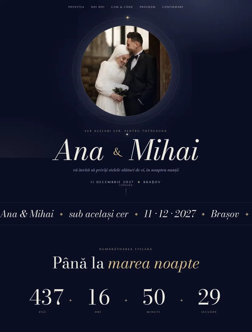 Invitație de nuntă online, modelul Celestial — Sub același cer (Iarnă · Cer înstelat)