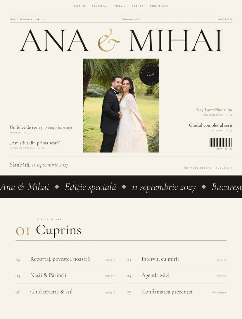 Invitație de nuntă online, modelul Editorial — Ediția specială (Revistă · Ivoriu & auriu)