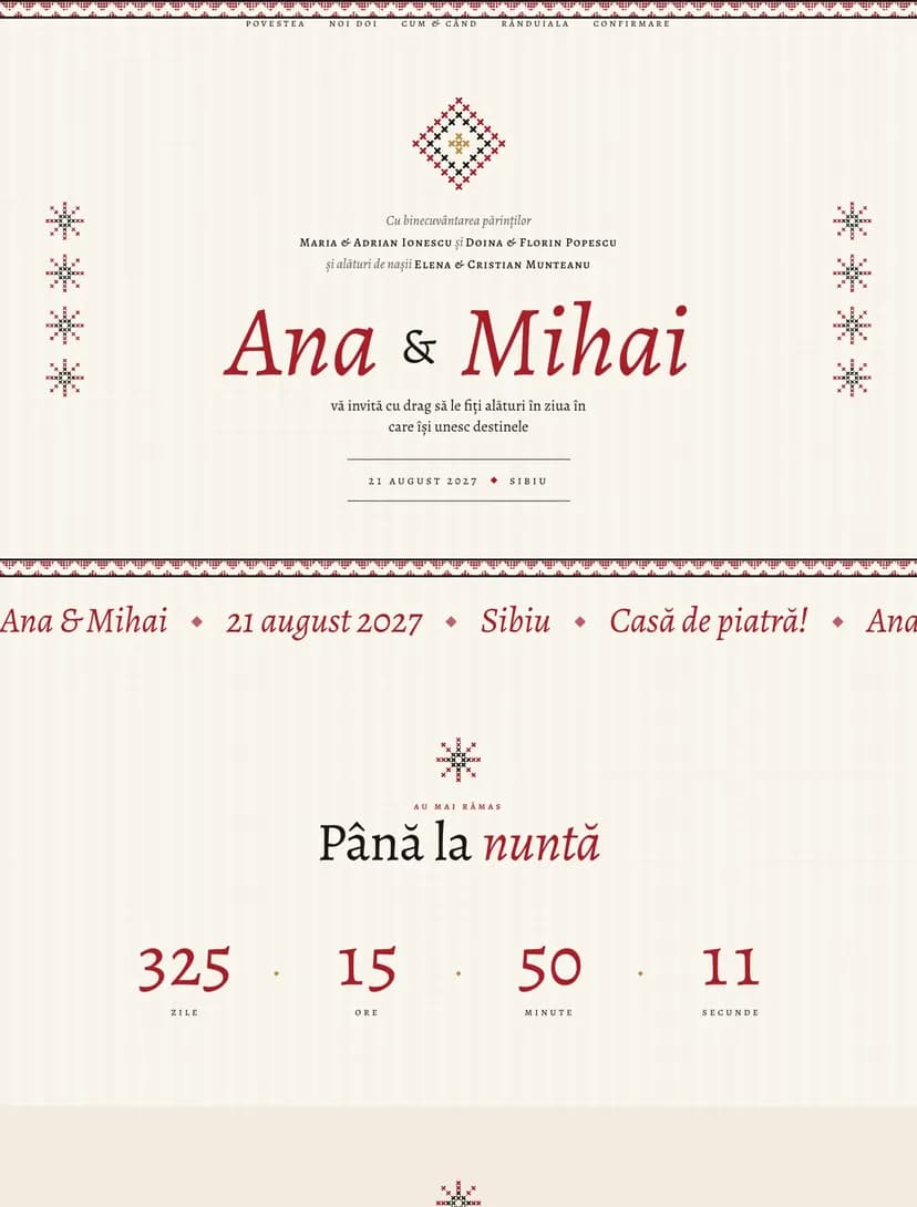 Invitație de nuntă online, modelul Ie — Nuntă tradițională (Tradiție · Roșu & negru)
