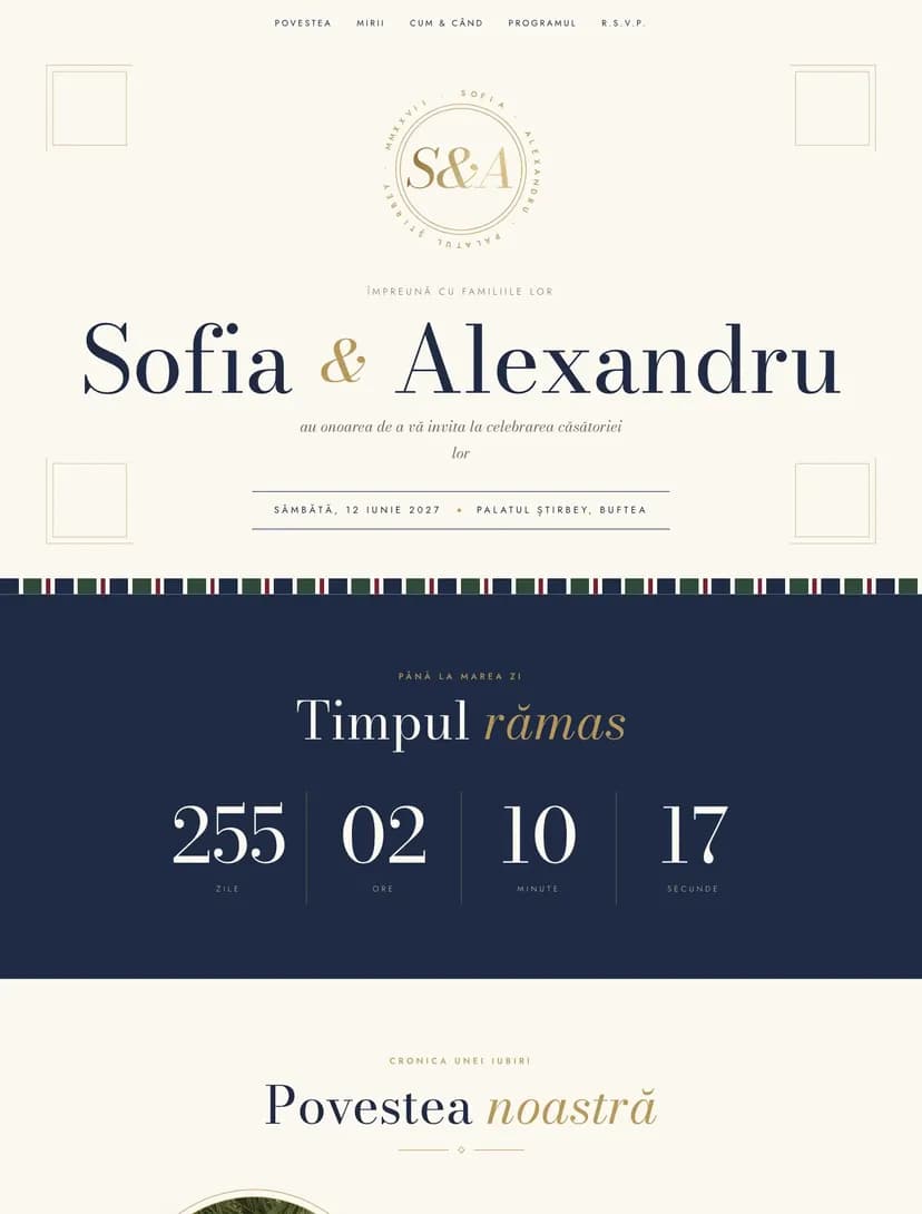 Invitație de nuntă online, modelul Old Money — Nuntă la palat (Quiet luxury · Bleumarin)